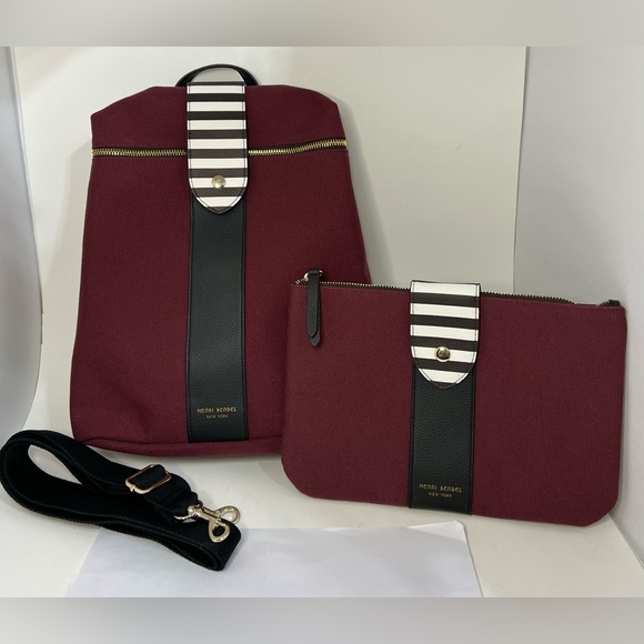 NWOT Henri Bendel Burgundy Convertible Backpack & Pouch Matching Set Stripe - Picture 1 of 13